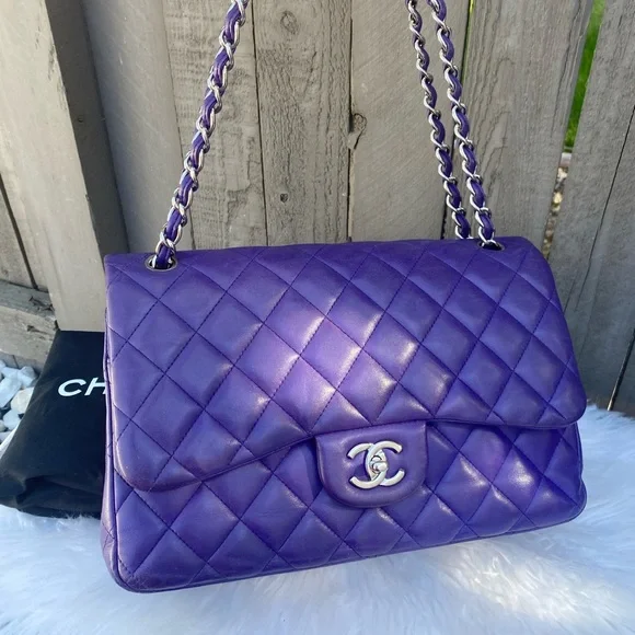 ⭐️JUMBO⭐️CHANEL classic Lambskin Jumbo double flap Lavender quilted silver chain - Picture 7 of 17